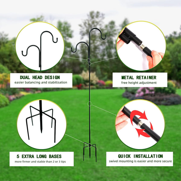 Double Shepherds Hooks for Outdoor, Bird Feeder Pole with 5 Prongs Base, Heavy Duty Garden Hook for Lantern, Wind Chime and Hummingbird Feeder, 45