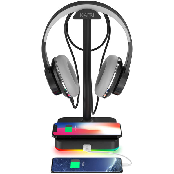 KAFRI RGB Headphone Stand with Wireless Charger Desk Gaming Headset Holder Hanger Rack with 10W/7.5W QI Charging Pad and QC 3.0 USB Port -