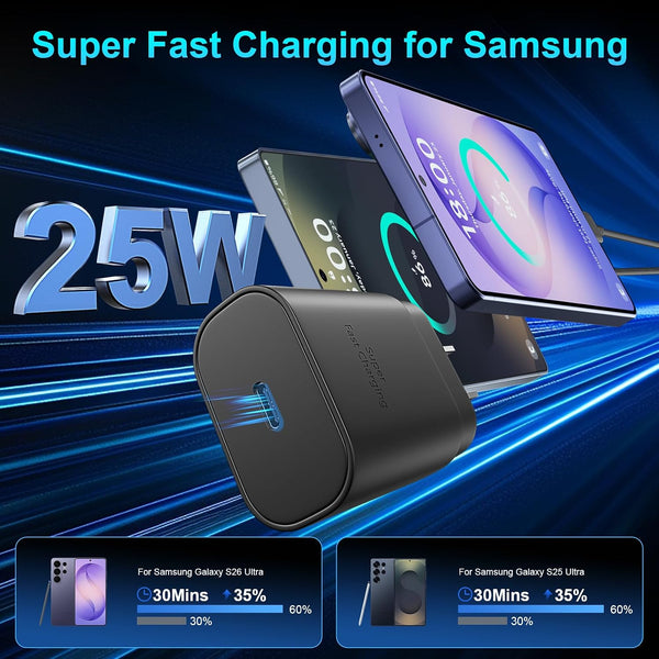 Super Fast Charger Type C, 25W USB C Wall Charger Fast Charging 10FT Cable Black 10FT
