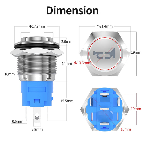 DaierTek Horn Button Switch 12 Volt Momentary Push Button Switch 12V Air Horn Button Switch Speaker LED Stainless Steel 16mm Metal Switch for