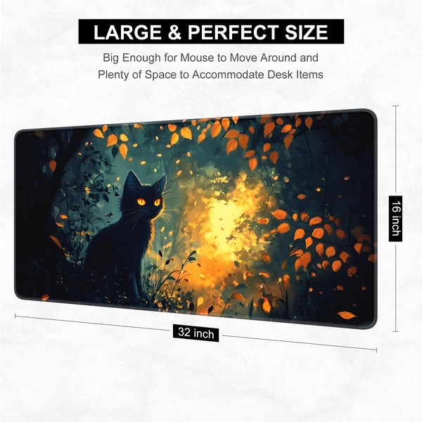 Desk Pad, Large Gaming Mouse Pad, 32" x 16", Dark Cat | XXXL Extended Waterproof Desk Mat, Non-Slip Rubber Base, Stitched Edges, Desktop Decor for