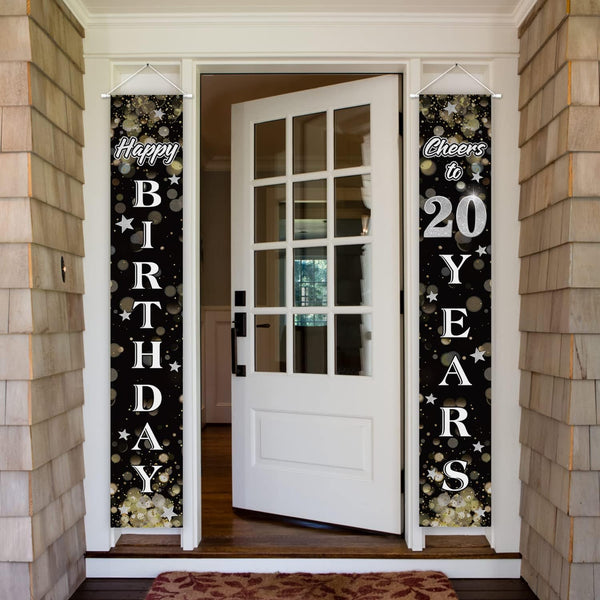 Happy 20th Birthday Decorations,20th Black & Silver Dream Star Birthday Theme Door Hanging Banner Sign,Cheers to Twenty Years Old Bday Party Supplies.