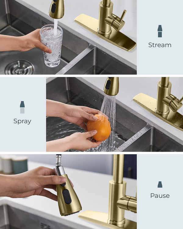 FORIOUS Gold Kitchen Faucet with Pull Down Sprayer, High Arc Single Handle Classic Stainless Steel Sink Faucet 1 or 3 Hole, Suitable for Farmhouse