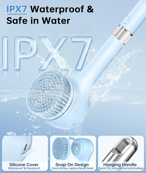 Electric Body Brush Back Scrubber for Shower, Waterproof Rechargeable Auto Bath Brush with Long Handle, 5 Replaceable Heads & 3 Speeds, Deep