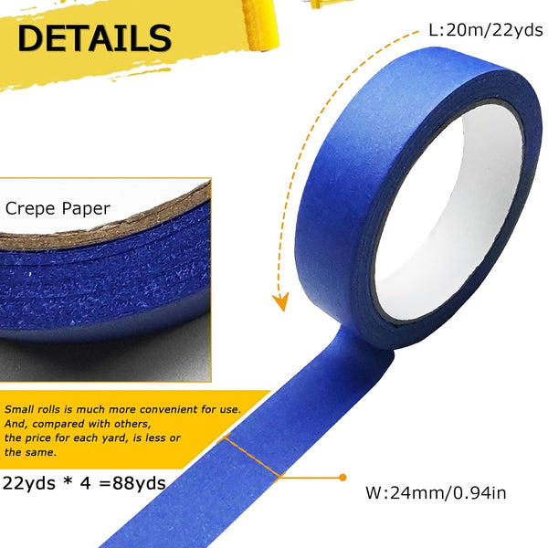4 Rolls Premium Painters Tape, Blue Tape, Masking Tape, Paint Tape for Multi-Purpose, Painting, Painter's, DIY Crafts Arts (88yd =0.94IN*22yd*4)