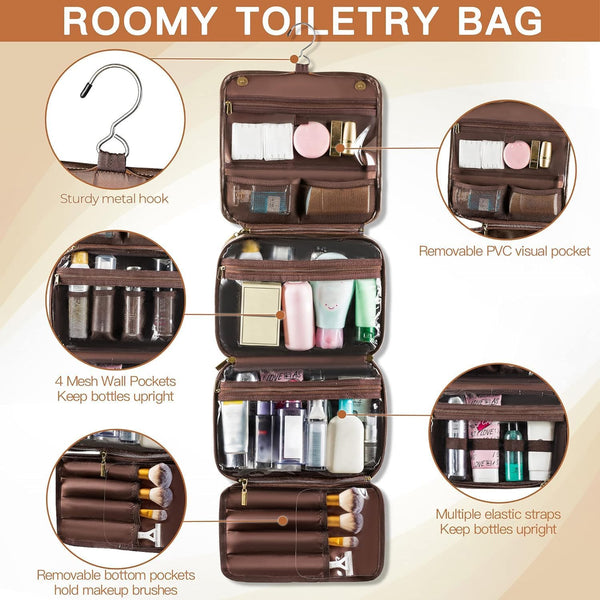 Elviros Hanging Toiletry Bag Removable Travel Bag PU leather Makeup Cosmetic Organizer Kit, Coffee | Removable Travel Organizer Bag for Cosmetics,