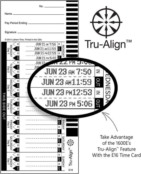 Lathem Trualign E16 Time Cards for 1600E, Weekly, 1-Sided, 4" X 9", White, Box of 100, (E16-100)