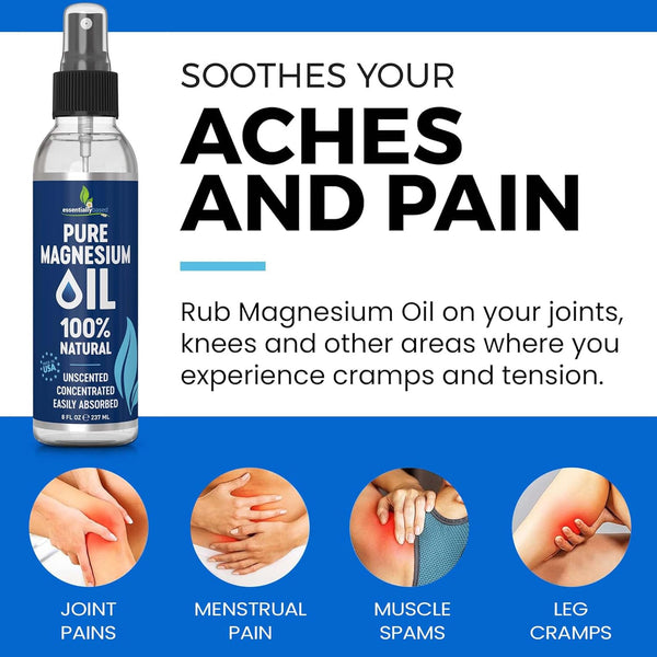 Pure Magnesium Oil Spray 8Oz - Topical Magnesium Spray for Sleep Extra Strength - Less Sting - Less Itch - 100% Natural and Organic Oil - Made in USA
