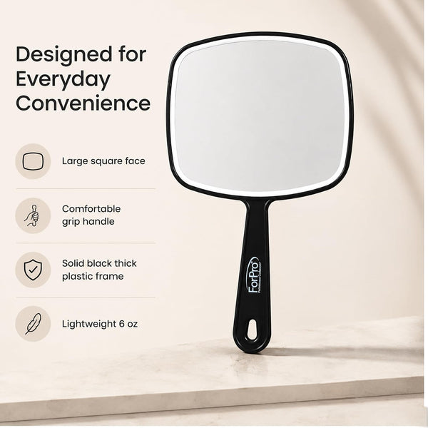 ForPro 9.6" L x 6.3" W Premium Hand Mirror w/Handle for Home & Salon, Black Medium