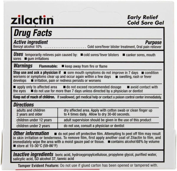 Zilactin Cold Sore Gel, Medicated Gel 0.25 Oz