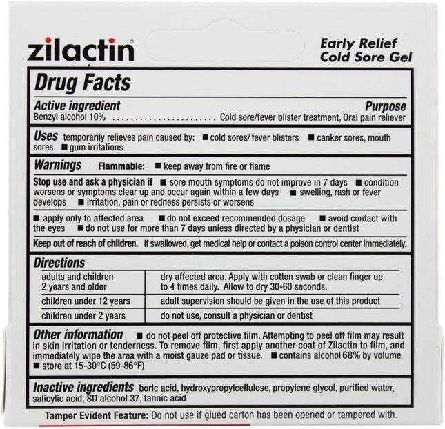 Zilactin Cold Sore Gel, Medicated Gel 0.25 Oz