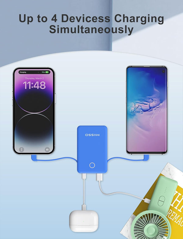 miisso 6000mah Ultra Slim Built in Cables Power Bank, Card Size Built in USB C Cords Battery Pack Portable Charger for Phones, 3 Output External