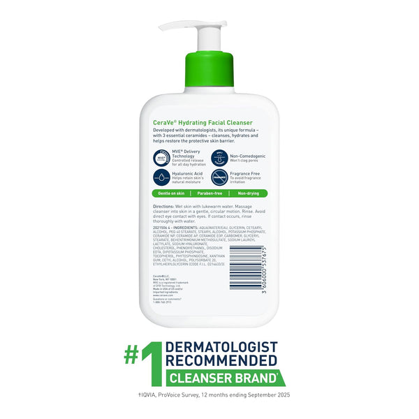 CeraVe Hydrating Facial Cleanser, Moisturizing Face Wash For Dry Skin, Hyaluronic Acid + Ceramides + Glycerin, Hydrating Cleanser For Normal To