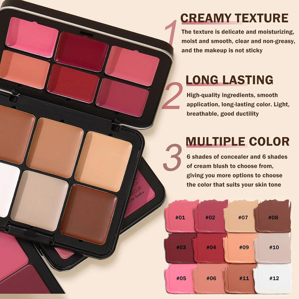 12 Colors Cream Blush Palette Cream Concealer Foundation Palette | Natural Matte Finish Contour Palette with Brush, Creamy Texture, Waterproof,