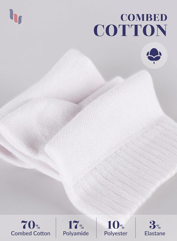 Hugh Ugoli Women's Cotton Diabetic Ankle Socks, Wide, Thin, Loose Fit and Stretchy, Seamless Toe, Non Binding Top, 4 Pairs 6-9 05- White (4 Pairs)