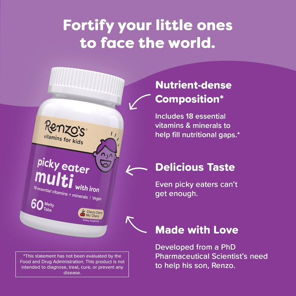 Renzo'S Picky Eater Kids Multivitamin with Iron, Dissolving Kids Vitamins with Vitamin D3 & K2 and More, 60 Sugar-Free Melty Tabs, Cherry MoÃ¢ÂÂ
