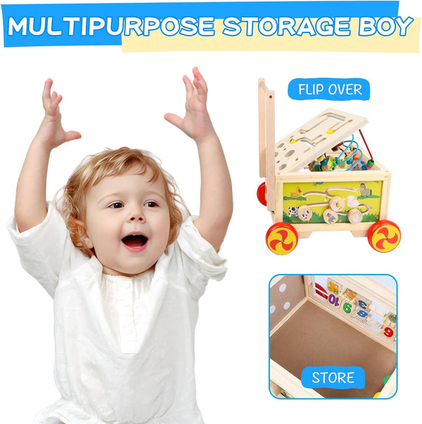 Wooden Activity Cube 7-In-1 Montessori Toy Multipurpose Educational Learning Toy for 1+ Year Old Baby Toddler Kid Boy First Birthday Gift Bead