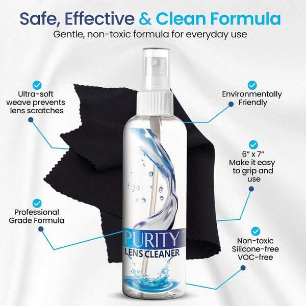 Purity Eyeglass Lens Cleaner Kit - 2 x 8oz and 1 x 2oz Lens Cleaner Spray Bottle + 2 Microfiber Cleaning Cloths - Safe for All Lenses (AR Coated