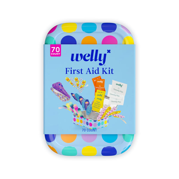 Welly First Aid Kit - Adhesive Bandages in Flexible Fabric and Waterproof, Singe Use Ointments (Triple Antibiotic, Cleansing Wipes and