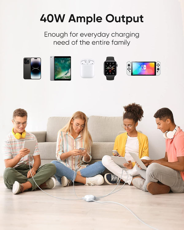 SUPERDANNY 6-Port USB Charger, 40W 8A Mini USB Charging Station, Charging Station for Multiple Devices, 4ft Cable, Compatible with iPhone, iPad,
