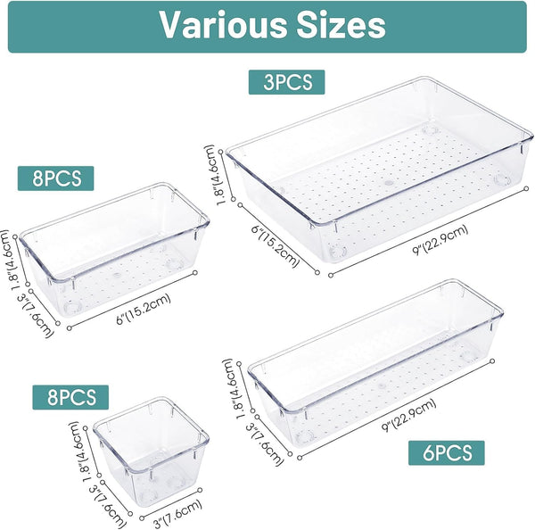 WOWBOX 25 PCS Clear Plastic Drawer Organizer Set, 4 Sizes Desk Drawer Divider Organizers and Storage Bins for Makeup, Jewelry, Gadgets for