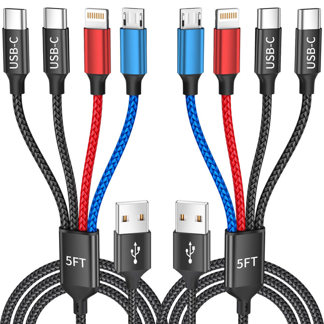 Dual Type-C 4 in 1 Charging Cable 2Pack 5FT, Multi Charging Cable for Multiple Devices, Universal USB Cable with Ip/Micr