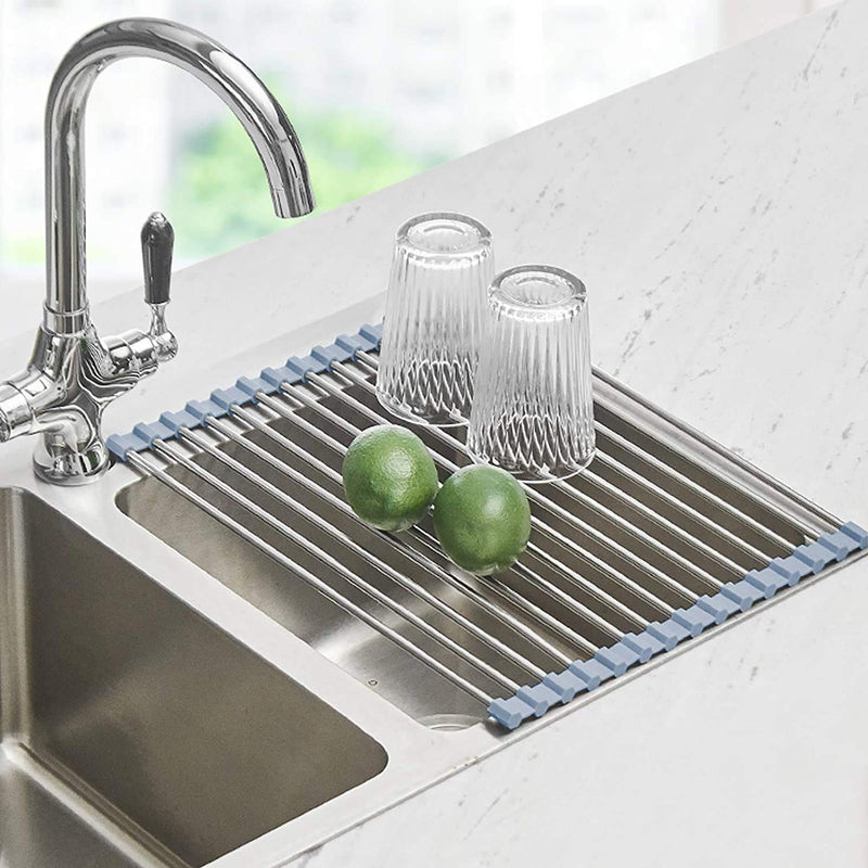 Seropy Roll up Dish Drying Rack, over the Sink Dish Drying Rack Kitchen Rolling Dish Drainer, Foldable Sink Rack Mat Stainless Steel Wire Dish