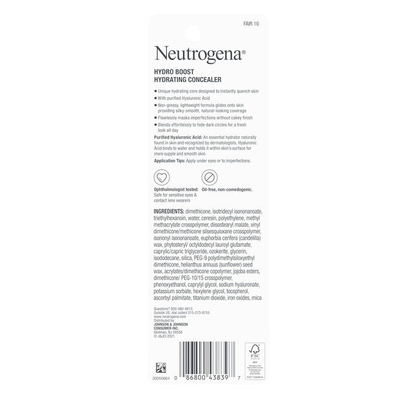 Neutrogena Hydro Boost Hydrating Concealer Stick for Dry Skin, Oil-Free, Lightweight, Non-Greasy and Non-Comedogenic Cover-Up Makeup with