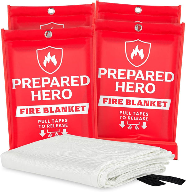 Prepared Hero Emergency Fire Blanket - 4 Pack - Fire Suppression for Kitchen, 39” x 39” Fiberglass Fire Blanket for Home 4-pack Red