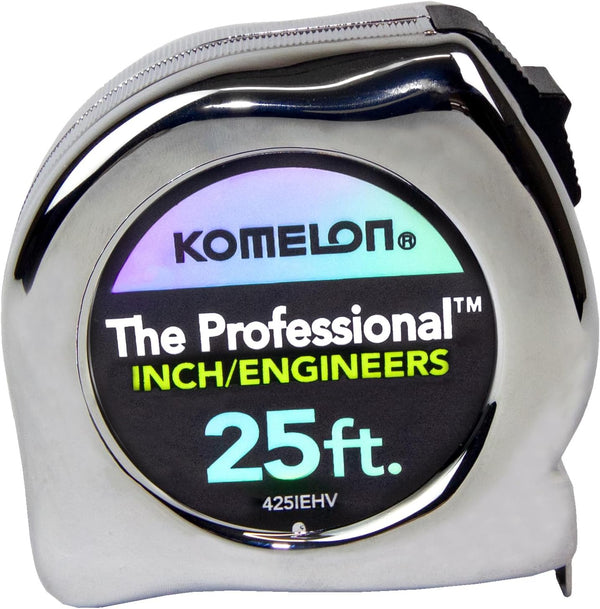 Komelon 425IEHV High-Visibility Professional Tape Measure Bother Inch and Engineer Scale Printed 25-Feet by 1-Inch, Chrome 7.6 m Tape Measure