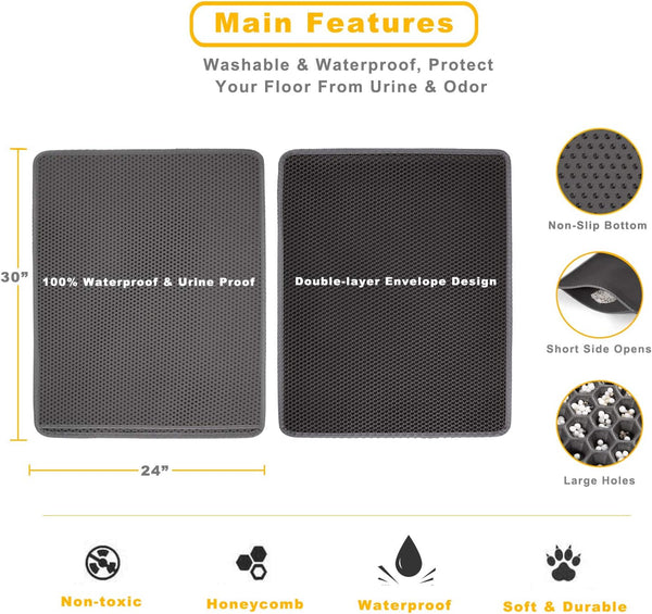Cat Litter Mat Grey Trapping for Litter Box, XL Jumbo 30 X 24 In, Urine & Waterproof, Honeycomb Double Layer anti Tracking Kitty Mats, No