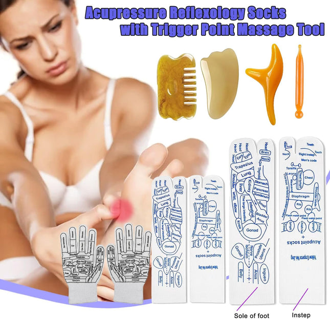 Reflexology Socks with Gloves Tools Set, Foot Massager Socks with 4Pc Massage To