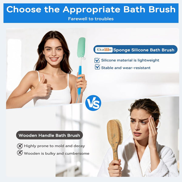 15.35" Back Bath Brush with Sponge,Back Scrubber Bath Mesh with Curved Long Handle Bath Body Brush for Elderly Aid Bathing and Shower Black+Pink