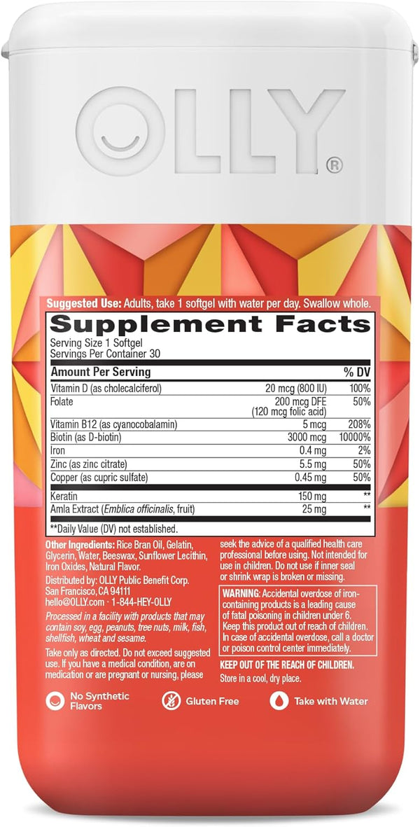 OLLY Ultra Strength Hair Softgels, Supports Hair Health, Biotin, Keratin, Vitamin D, B12, Hair Supplement, 30 Day Supply - 30 Count (Packaging May