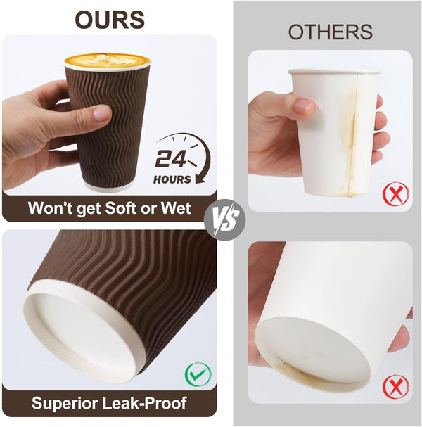 16 oz Insulated Disposable Paper Coffee Cups with Lids 50 Pack | Triple Ripple Wall Reduces Heat Transfer, Brown To Go Coffee Cup For Hot