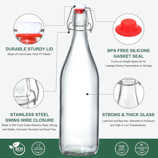 8 Set 16 OZ Swing Top Glass Bottles - Flip Top Beer Brewing Bottles with Stopper for Fermentation, Kombucha, Mead Kefir, Vanilla Extract, Juice,