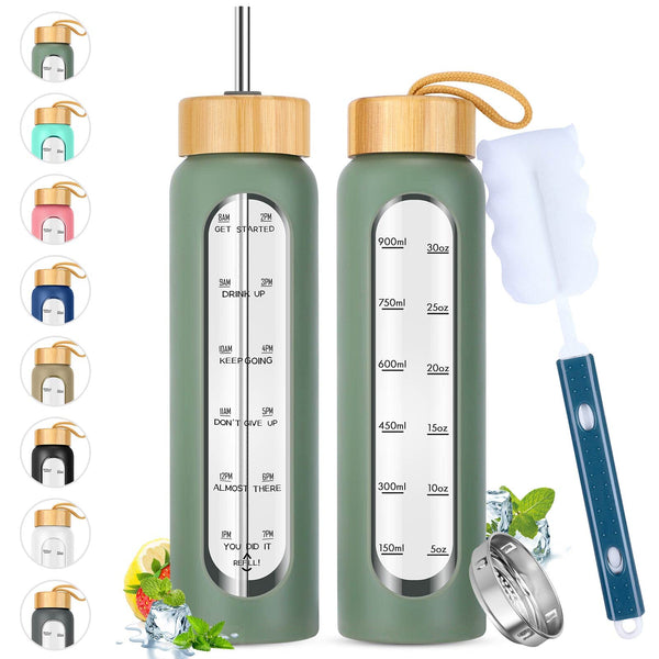 SipZest 32 oz Glass Water Bottle with Straw - Motivational Time Marker & Silicone Sleeve - Reusable Tumbler Includes 2 Bamboo Lids & Fruit Infuser