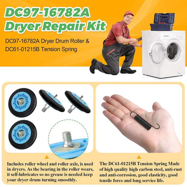 Dryer Repair Kit Fit for Samsung DV42H5000EW/A3 DV45H7000EW/A2 DV42H5200EP/A3 DV40J3000EW/A2, Includes DC97-16782A Samsung Dryer Roller,