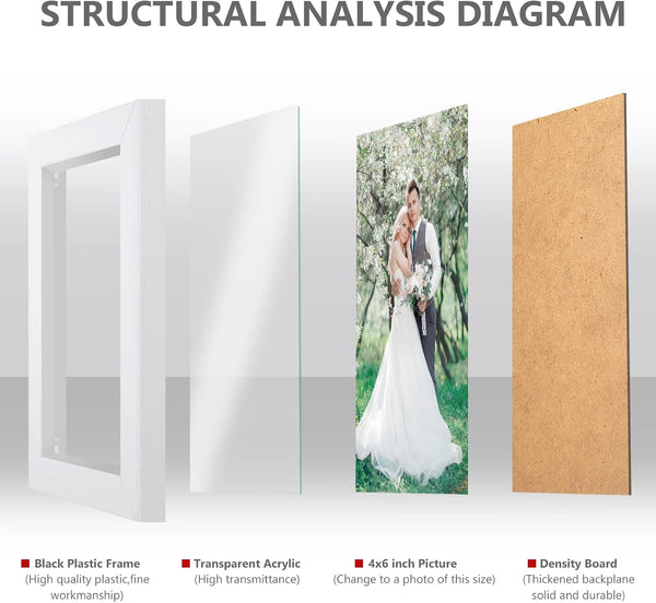 PECULA 2 Pack 4x6 Frames, White Wall & Tabletop Display, Clear Photo Frame White 4x6in