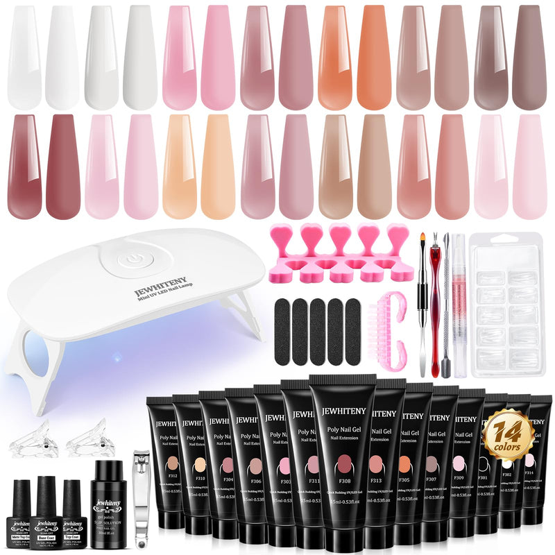 JEWHITENY Poly Extension Gel Nail Kit 14 PCS Poly Gel Kit with Slip Solution and Mini Lamp Nail Art Design Beginner A03