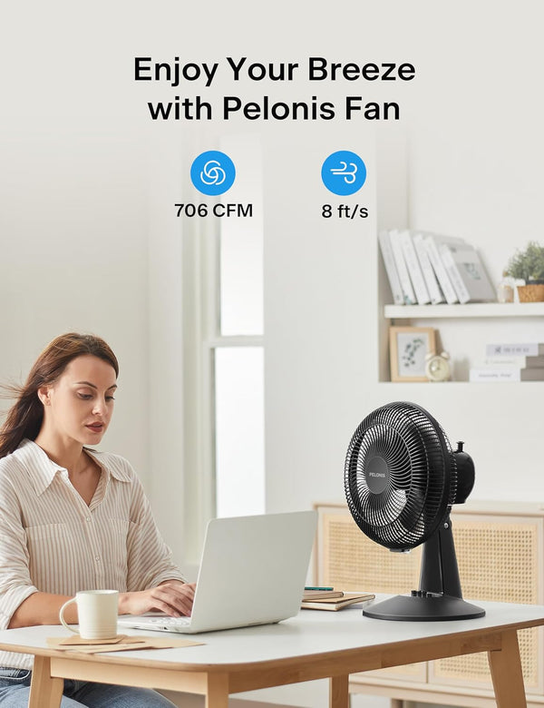 PELONIS Table Fan 12-Inch, 120° Oscillating Table Fan Small Portable Electric Plug-In Desk Fan with 3-Speeds, 126° Adjustable Tilt Head for