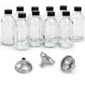10 Pack, 4 oz Small Clear Glass Bottles w/Lids & 3 Stainless Steel Funnel - 120ml Boston Round Sample Bottle for Potion, Juice, Ginger Shot,