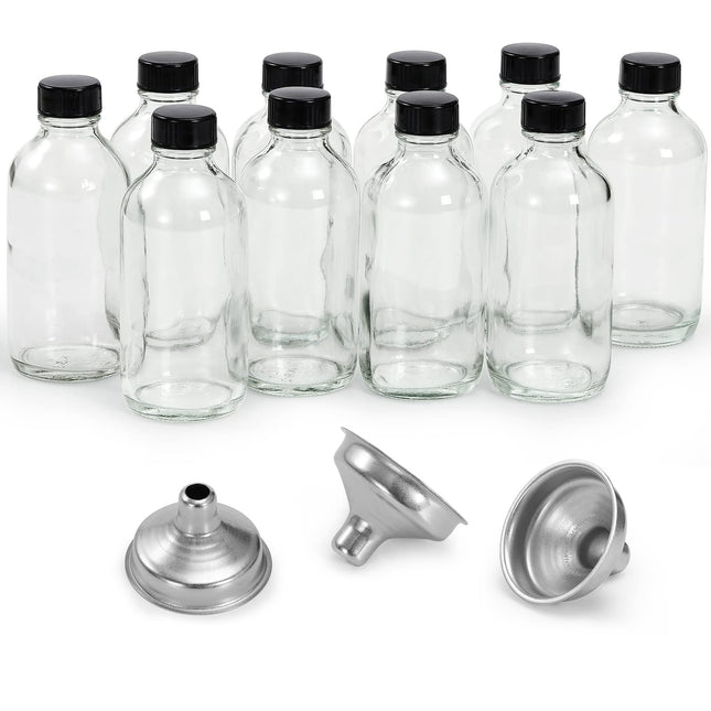 10 Pack, 4 oz Small Clear Glass Bottles w/Lids & 3 Stainless Steel Funnel - 120ml Boston Round Sample Bottle for Potion, Juice, Ginger Shot,