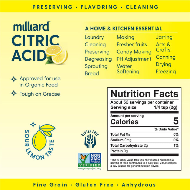 Milliard Citric Acid - 100% Pure Food Grade Non-Gmo Project Verified (4 Ounce)