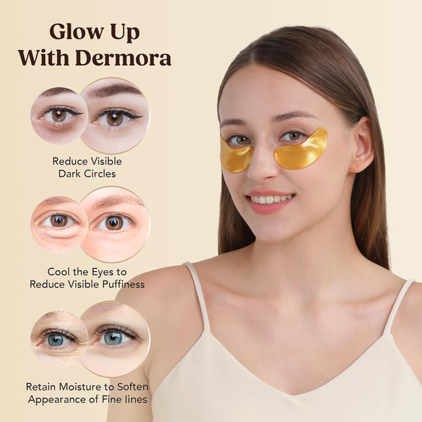 DERMORA Golden Glow under Eye Patches (20 Pairs Eye Gels) - Rejuvenating Treatment for Dark Circles, Puffy Eyes, Refreshing, Revitalizing, Travel,