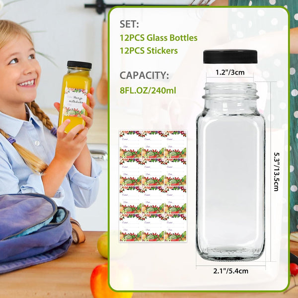 Alotpower 8 oz Glass Juice Bottles with Lids 12Pack | 240ml Square Reusable Drinking Bottles for Juicing, Water, Kombucha Juices, Milk, Beverages