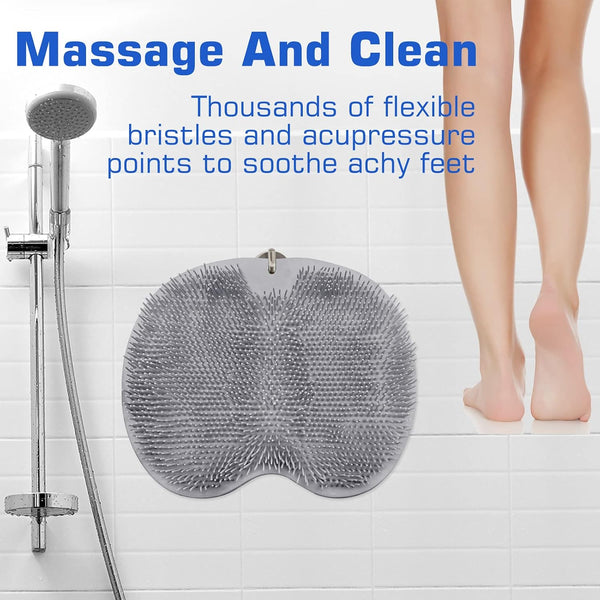 Shower Foot Scrubber Mat Back Washer Exfoliating Bath Wash Pad Wall Mounted Slip Suction Cups for Use in Cleaner Men and Women Gray