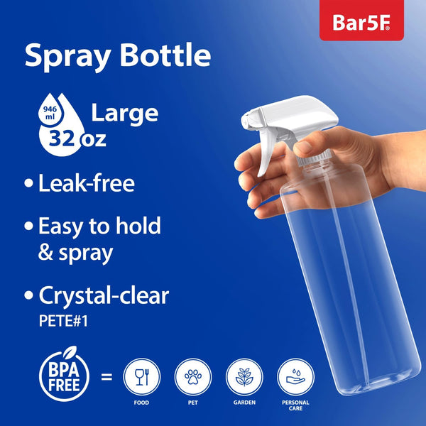 Bar5F Plastic Spray Bottles with Mixor Trigger, 32 Oz | Professional, Leak Proof, Empty, Adjustable Fine to Powerful Sprayer, Refillable | Water
