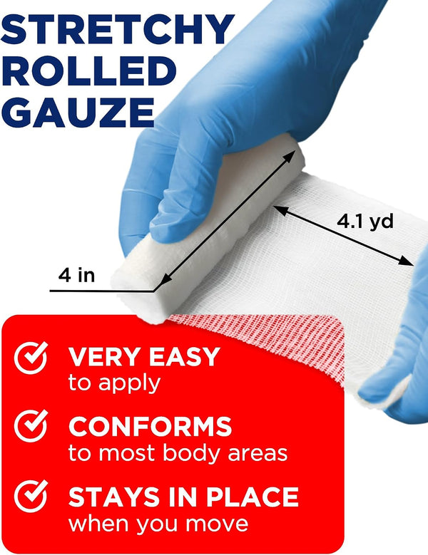 24 Gauze Rolls - 4" x 4.1yd - Soft and Breathable Rolled Gauze - Latex-Free Premium Individually Wrapped Bandages with Bonus Tape - First Aid