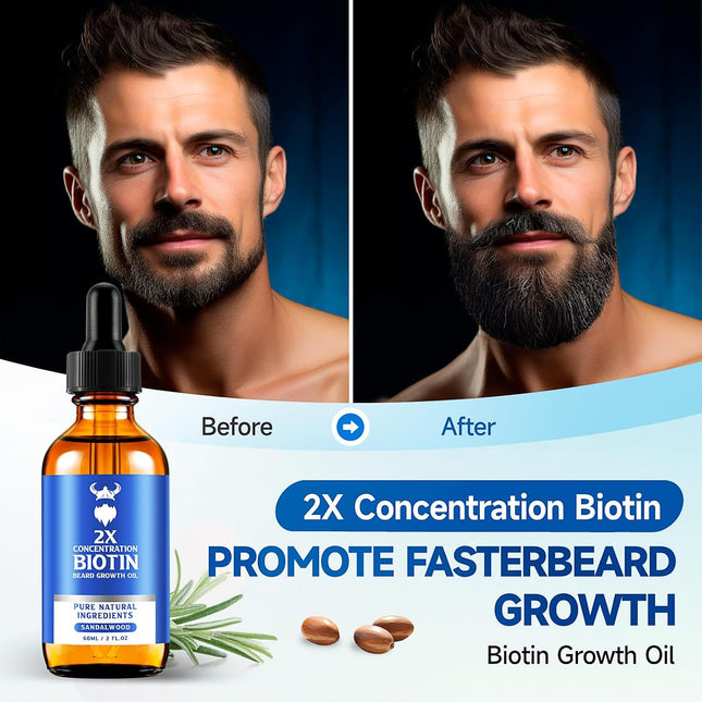 Beard Growth Oil - 2X Concentration Biotin Beard Oil for Men (2 Oz) - Natural Me